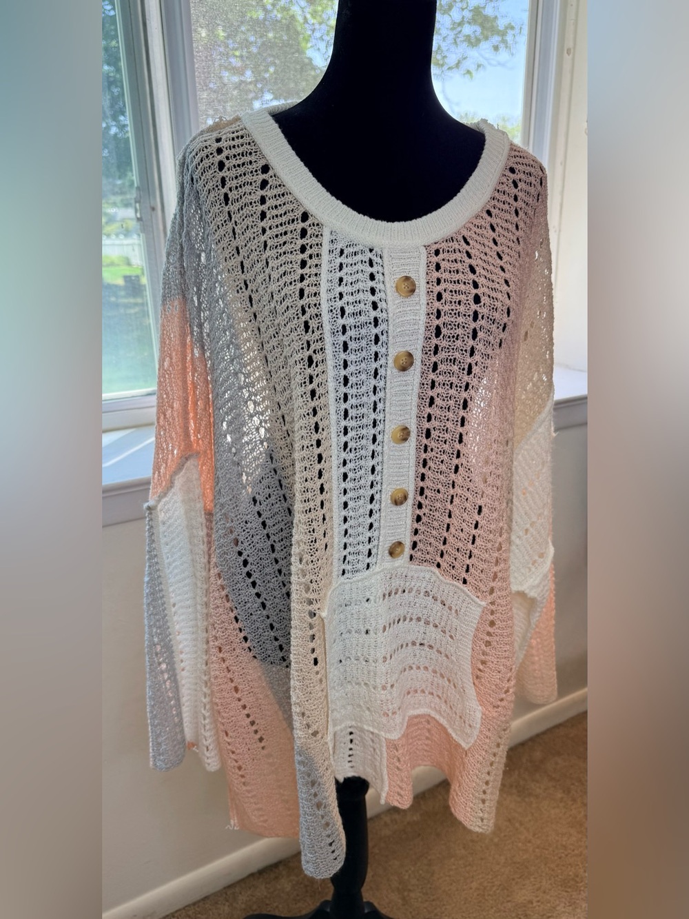 POL oversized open knit color block sweater kangaroo pocket lightweight preppy L